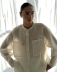 Oversize Banded Collar Button Down - Heavy Silk Organza, Off White
