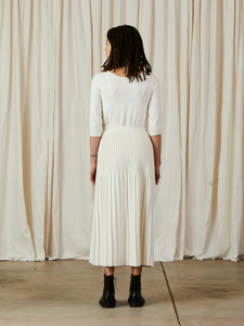 Cotton/Wool Pleated Midi Skirt - Bone