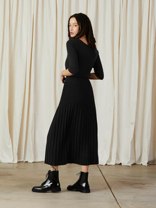 Cotton/Wool Pleated Midi Skirt - Black