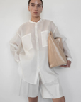Oversize Banded Collar Button Down - Heavy Silk Organza, Off White