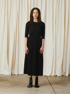 Cotton/Wool Pleated Midi Skirt - Black