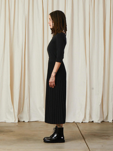 Cotton/Wool Pleated Midi Skirt - Black