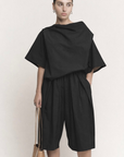 Boxy Pleat Bermuda Shorts - Black Parchment Poplin