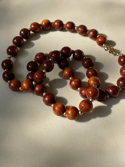 Vintage Wood Bead Necklace with gold details
