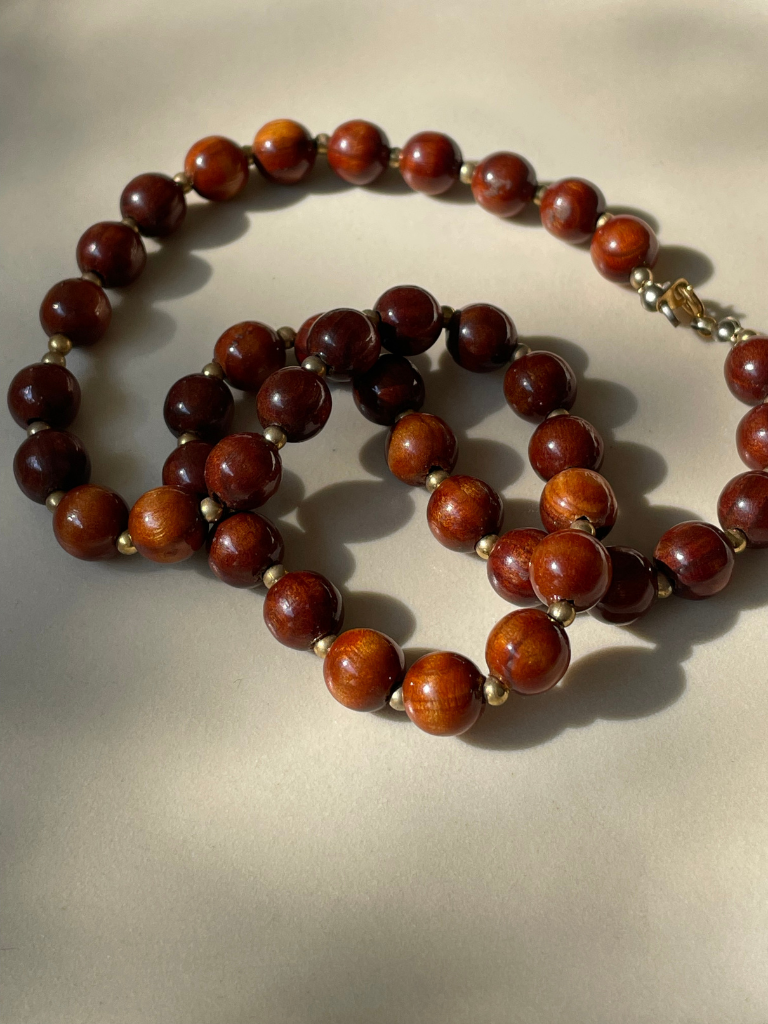 Vintage Wood Bead Necklace with gold details