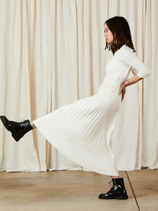 Cotton/Wool Pleated Midi Skirt - Bone
