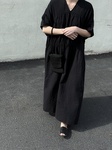 Lihue Dress - Black Crinkled Cotton
