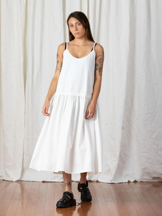 Drop Waist Ruffle Dress - Bone, Cotton Poplin